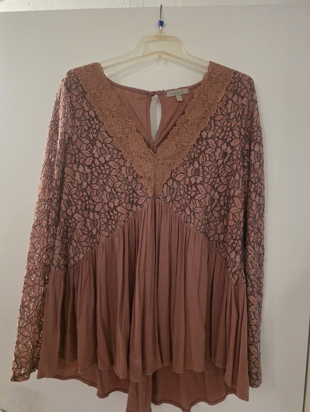 Wonderly Lace Yoke Peplum Tunic - Dusty Rose